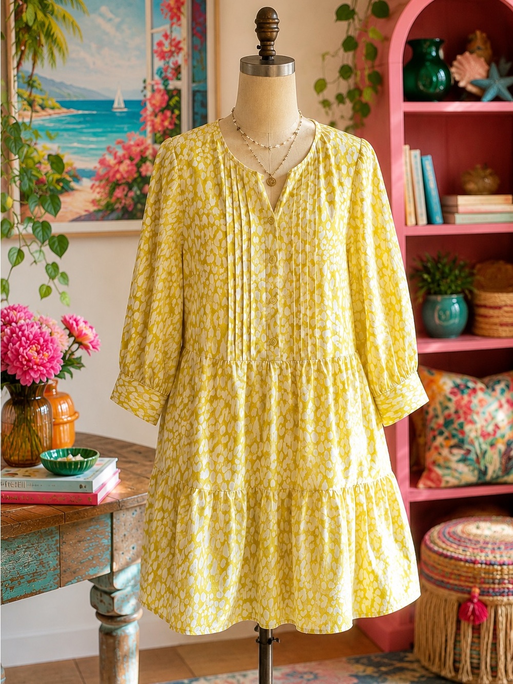 Who What Wear Yellow Animal Print Tiered Dress
